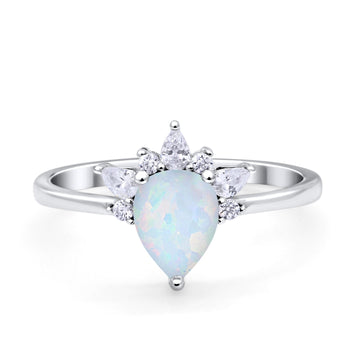 Art Deco Engagement Ring Pear Lab Created White Opal 925 Sterling Silver